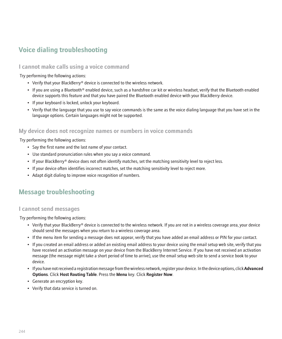 Voice dialing troubleshooting, Message troubleshooting, I cannot make calls using a voice command | I cannot send messages | Blackberry Global 8830 User Manual | Page 246 / 262