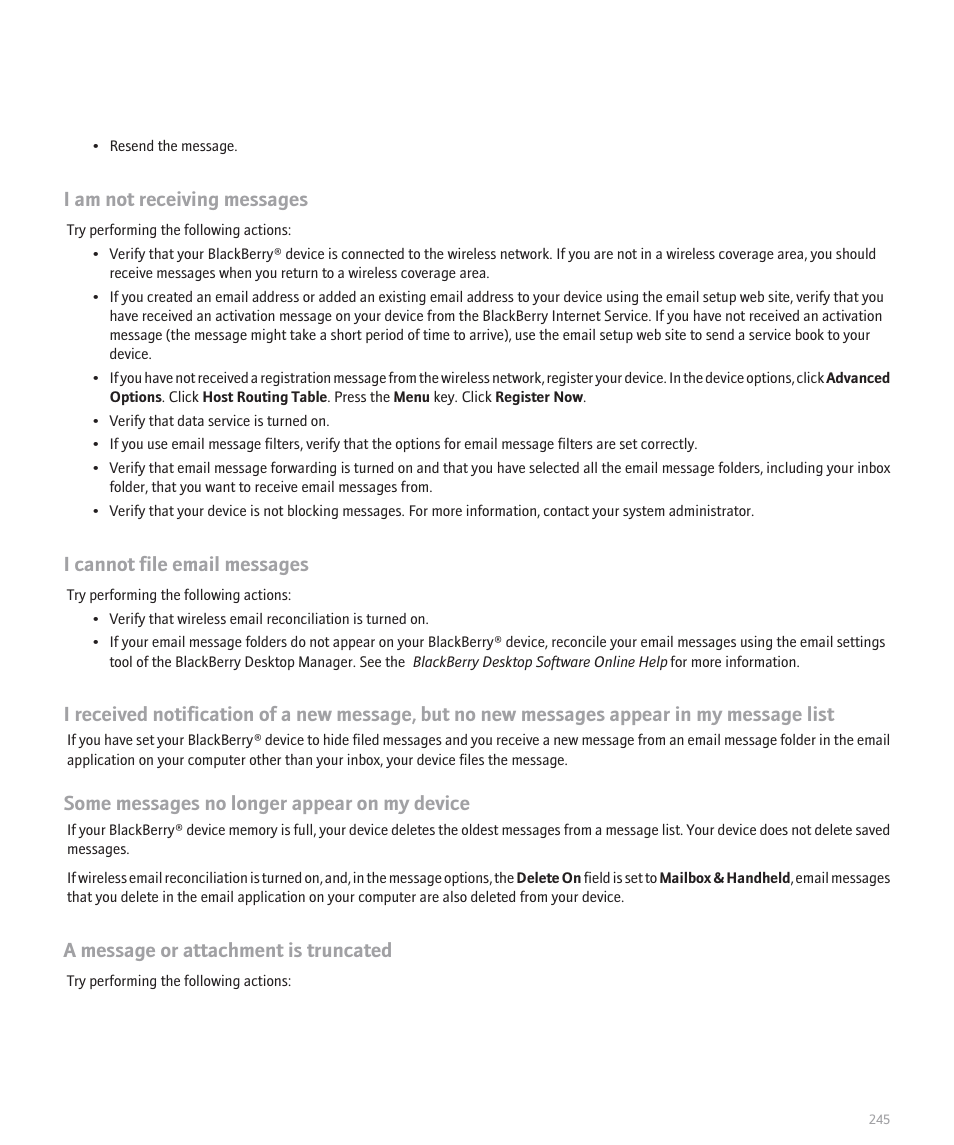 I am not receiving messages, I cannot file email messages, Some messages no longer appear on my device | A message or attachment is truncated | Blackberry Global 8830 User Manual | Page 247 / 262