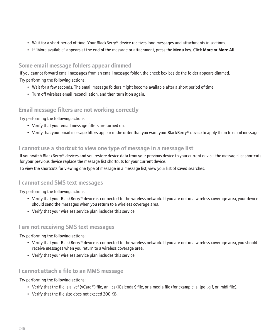 Some email message folders appear dimmed, Email message filters are not working correctly, I cannot send sms text messages | I am not receiving sms text messages, I cannot attach a file to an mms message | Blackberry Global 8830 User Manual | Page 248 / 262