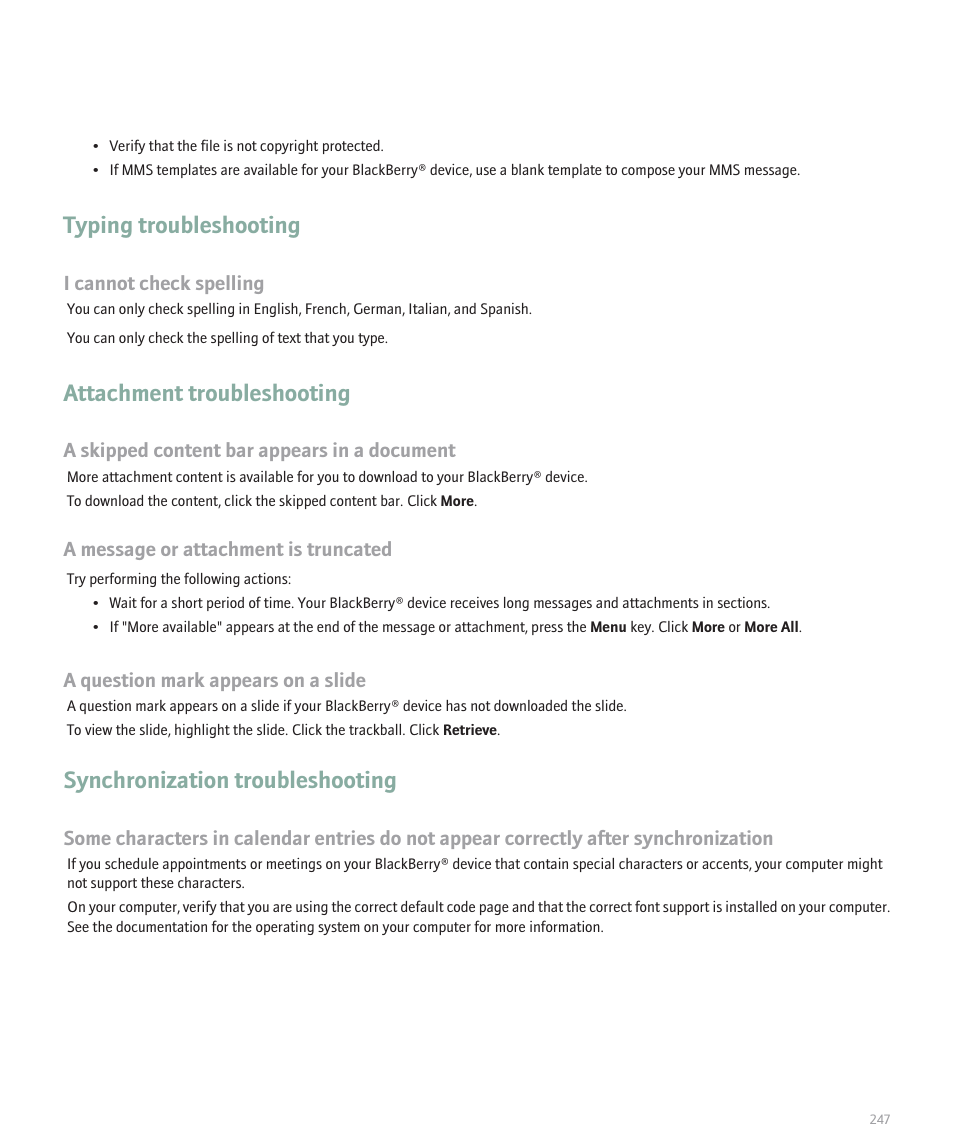 Typing troubleshooting, Attachment troubleshooting, Synchronization troubleshooting | Blackberry Global 8830 User Manual | Page 249 / 262