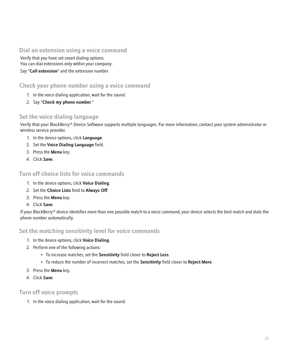 Dial an extension using a voice command, Check your phone number using a voice command, Set the voice dialing language | Turn off choice lists for voice commands, Turn off voice prompts | Blackberry Global 8830 User Manual | Page 25 / 262