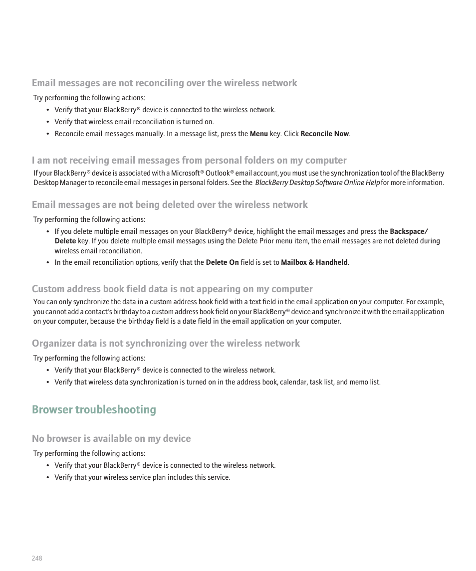 Browser troubleshooting, No browser is available on my device | Blackberry Global 8830 User Manual | Page 250 / 262
