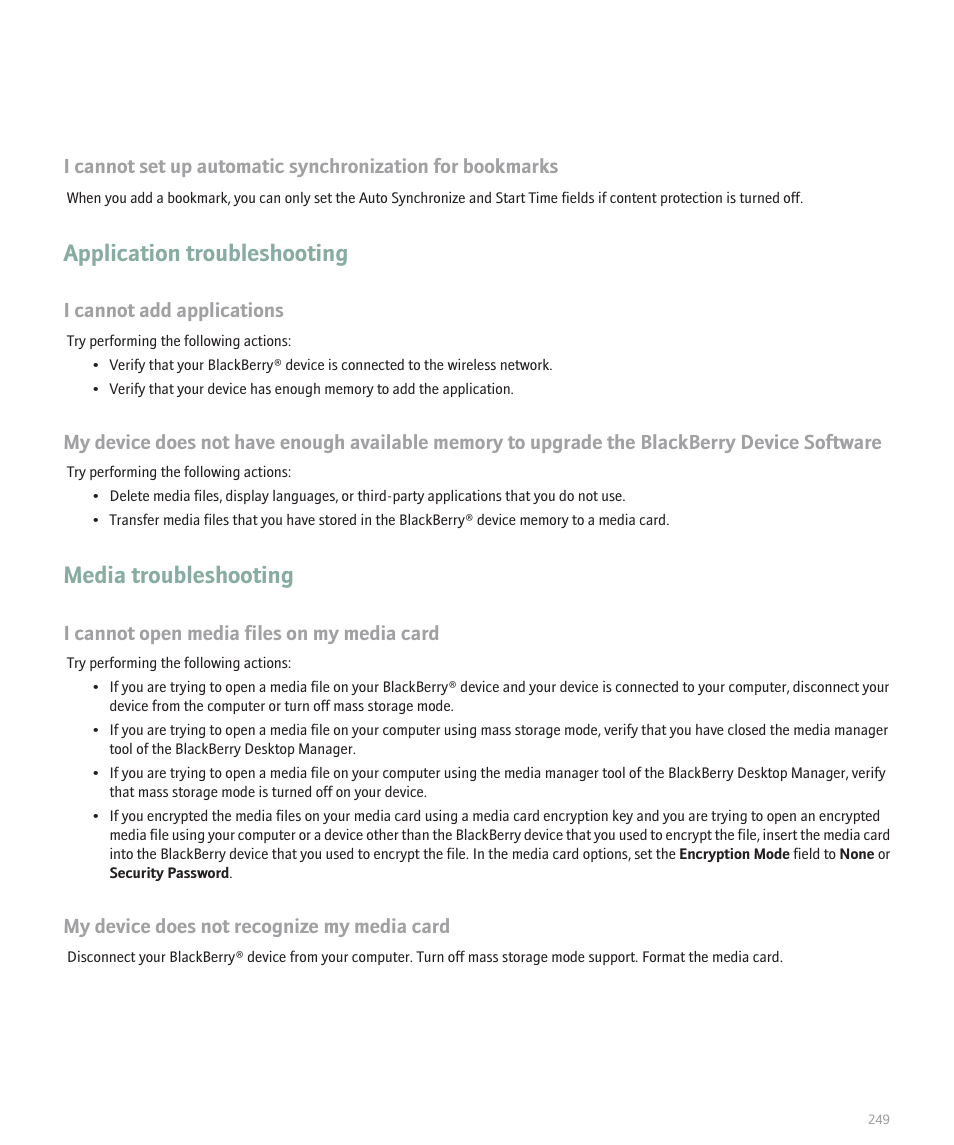 Application troubleshooting, Media troubleshooting, I cannot add applications | I cannot open media files on my media card, My device does not recognize my media card | Blackberry Global 8830 User Manual | Page 251 / 262