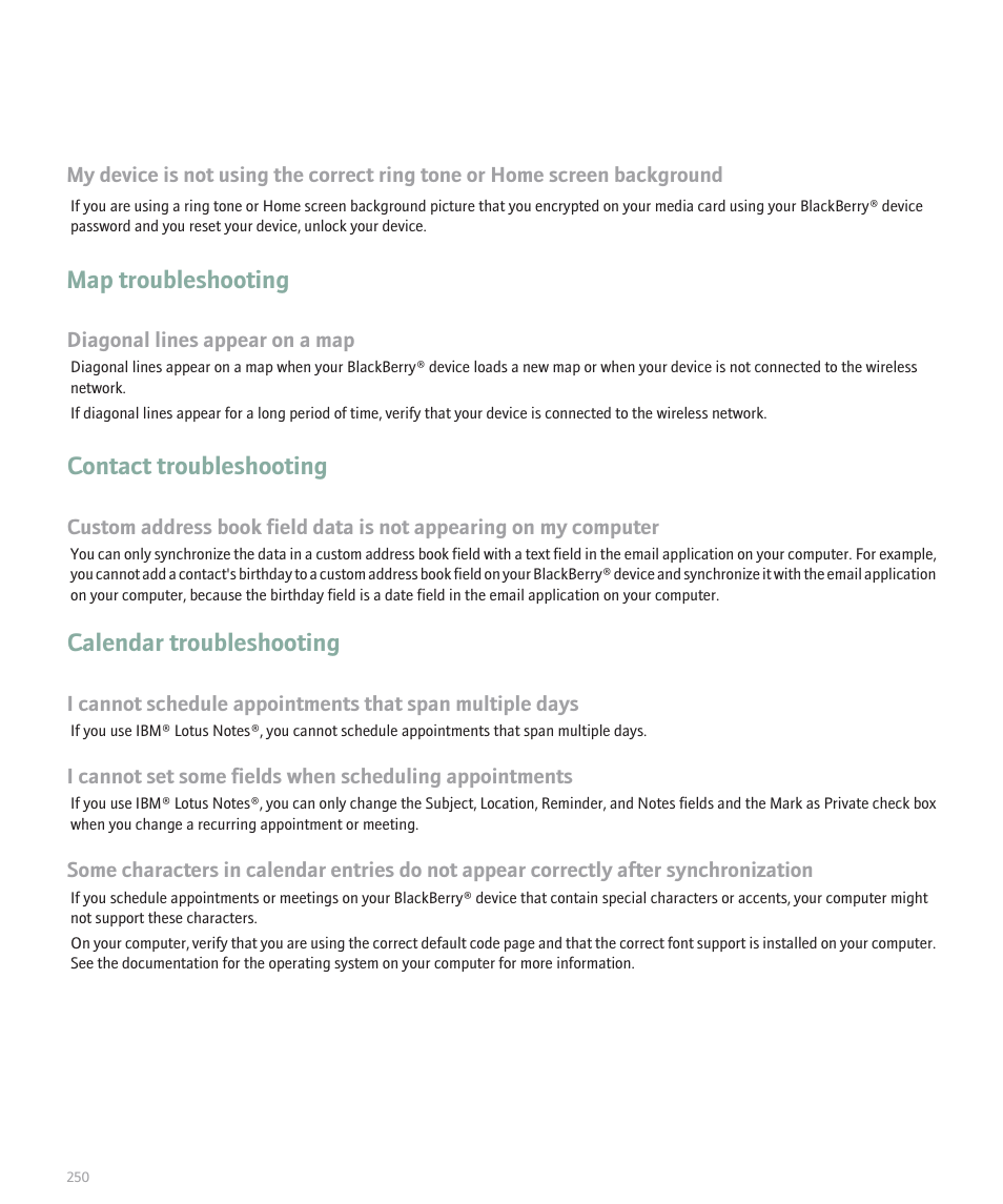 Map troubleshooting, Contact troubleshooting, Calendar troubleshooting | Blackberry Global 8830 User Manual | Page 252 / 262