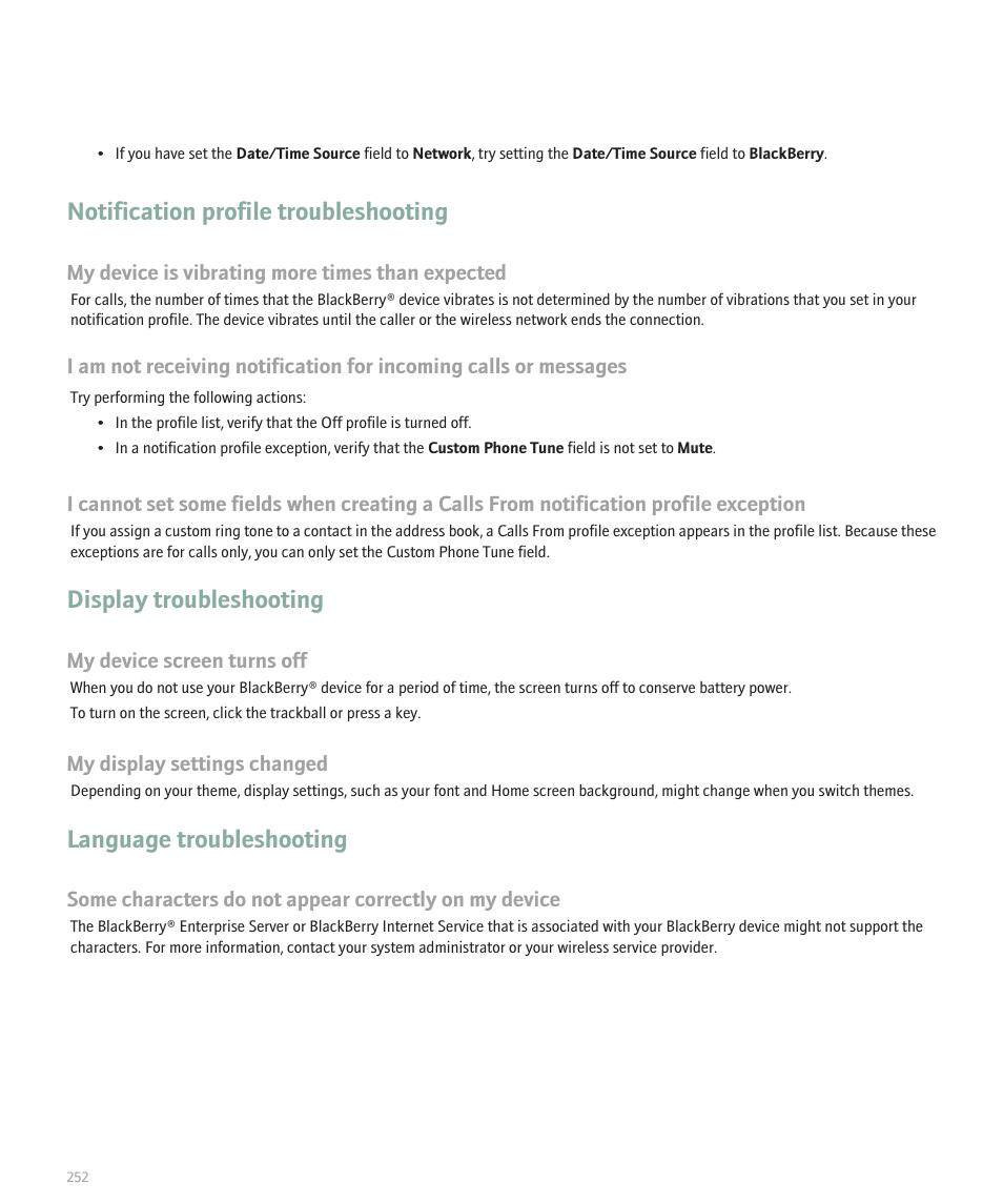 Notification profile troubleshooting, Display troubleshooting, Language troubleshooting | Blackberry Global 8830 User Manual | Page 254 / 262