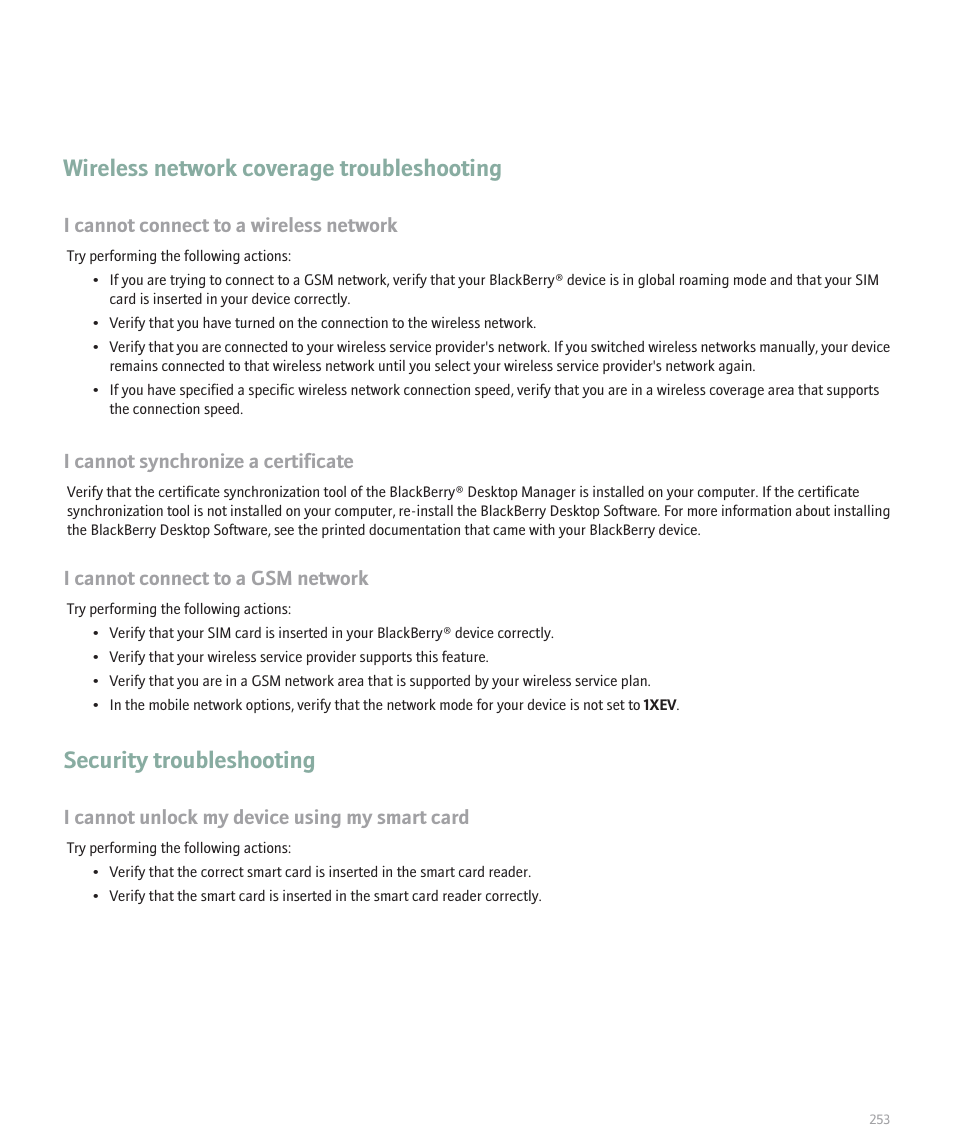 Wireless network coverage troubleshooting, Security troubleshooting, I cannot connect to a wireless network | I cannot synchronize a certificate, I cannot connect to a gsm network, I cannot unlock my device using my smart card | Blackberry Global 8830 User Manual | Page 255 / 262