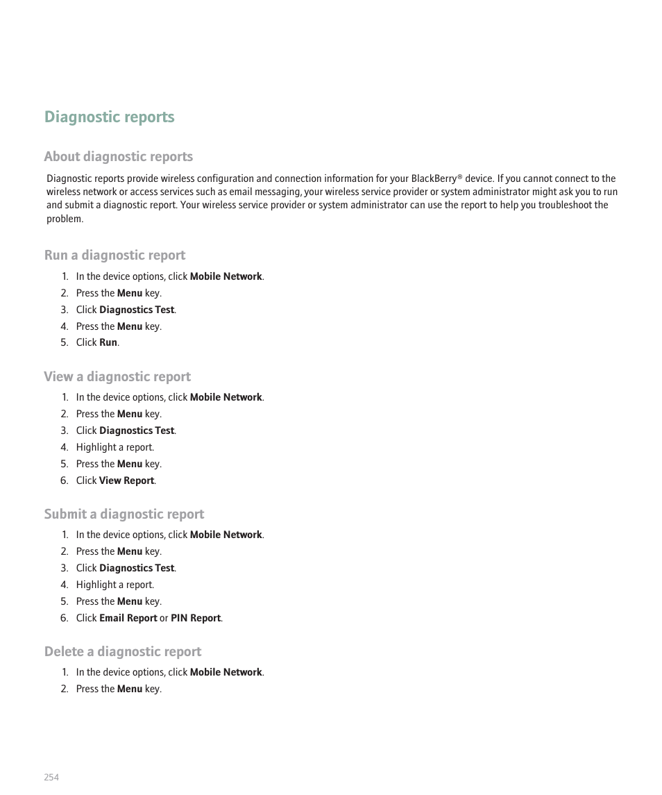 Diagnostic reports, About diagnostic reports, Run a diagnostic report | View a diagnostic report, Submit a diagnostic report, Delete a diagnostic report | Blackberry Global 8830 User Manual | Page 256 / 262