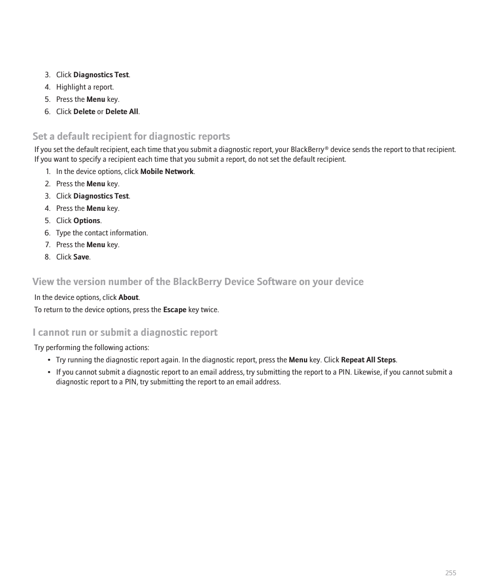 Set a default recipient for diagnostic reports, I cannot run or submit a diagnostic report | Blackberry Global 8830 User Manual | Page 257 / 262