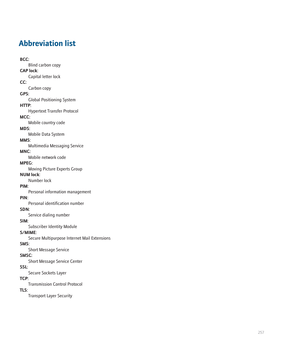 Abbreviation list | Blackberry Global 8830 User Manual | Page 259 / 262