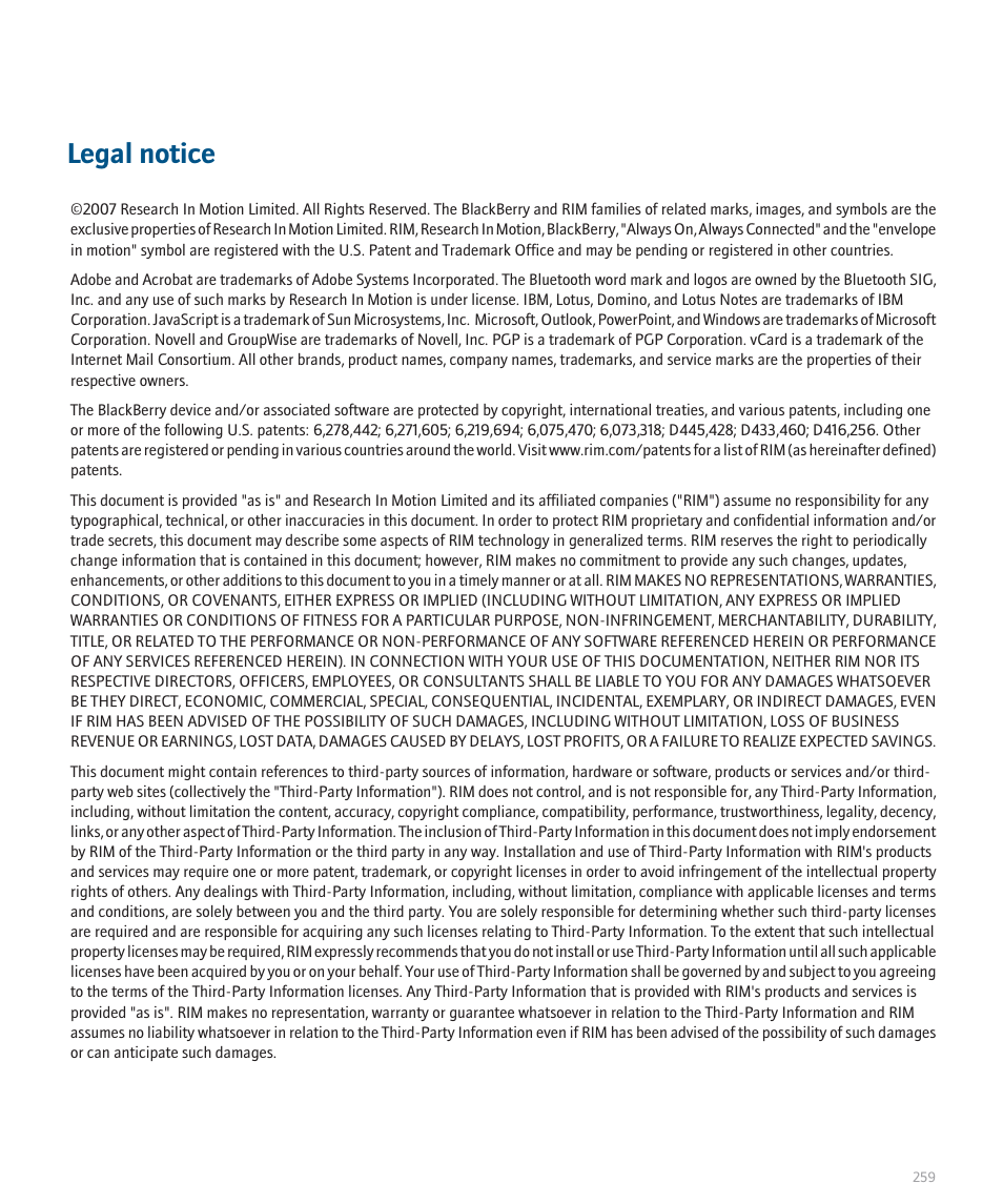 Legal notice | Blackberry Global 8830 User Manual | Page 261 / 262