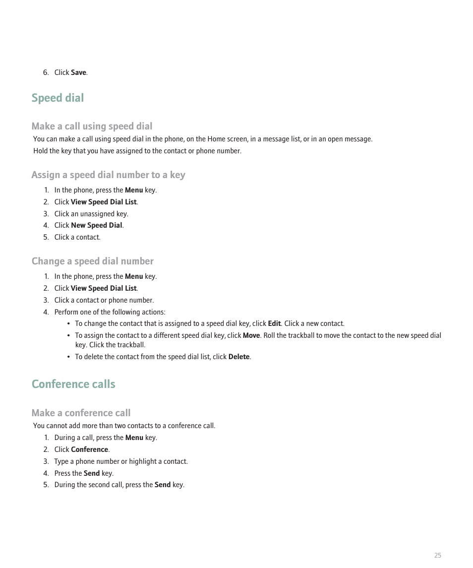Speed dial, Conference calls, Make a call using speed dial | Assign a speed dial number to a key, Change a speed dial number, Make a conference call | Blackberry Global 8830 User Manual | Page 27 / 262