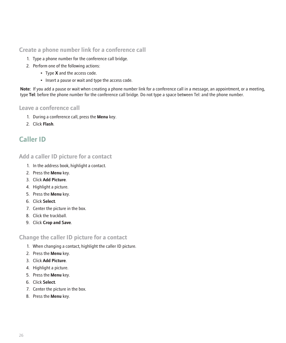 Caller id, Create a phone number link for a conference call, Leave a conference call | Add a caller id picture for a contact, Change the caller id picture for a contact | Blackberry Global 8830 User Manual | Page 28 / 262