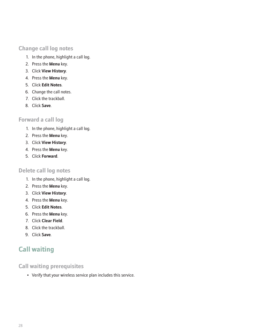 Call waiting, Forward a call log, Call waiting prerequisites | Blackberry Global 8830 User Manual | Page 30 / 262