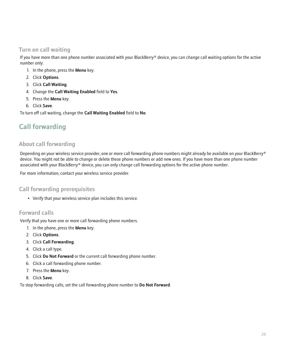 Call forwarding, Turn on call waiting, About call forwarding | Call forwarding prerequisites, Forward calls | Blackberry Global 8830 User Manual | Page 31 / 262