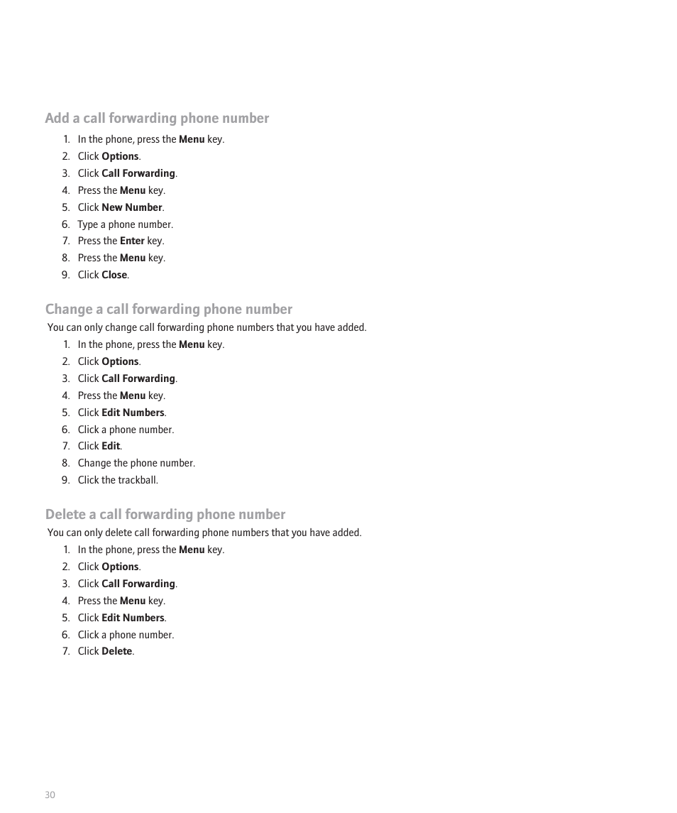 Add a call forwarding phone number, Change a call forwarding phone number, Delete a call forwarding phone number | Blackberry Global 8830 User Manual | Page 32 / 262