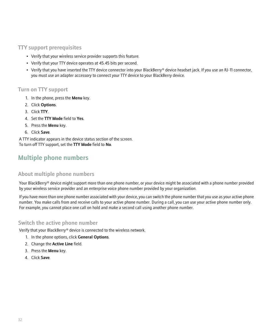 Multiple phone numbers, Tty support prerequisites, Turn on tty support | About multiple phone numbers, Switch the active phone number | Blackberry Global 8830 User Manual | Page 34 / 262