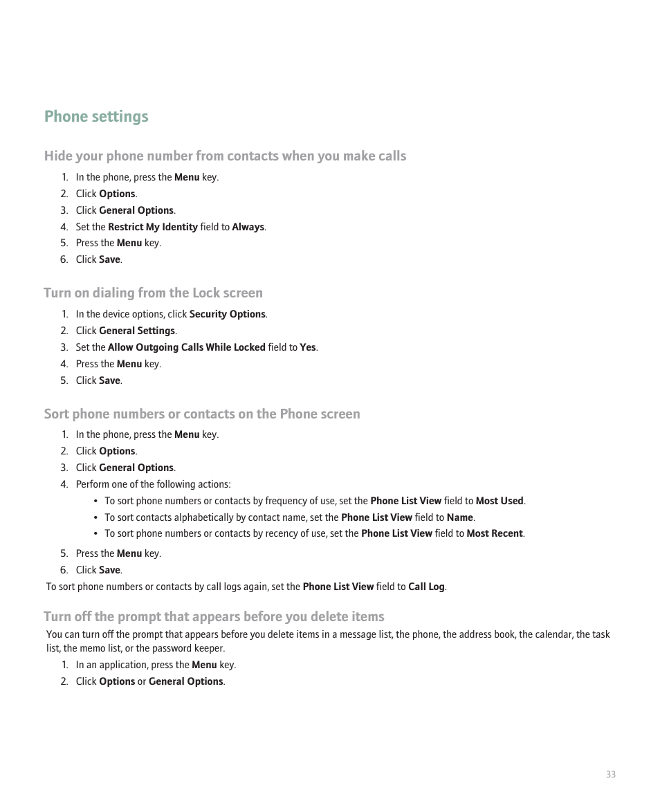 Phone settings, Turn on dialing from the lock screen, Sort phone numbers or contacts on the phone screen | Blackberry Global 8830 User Manual | Page 35 / 262