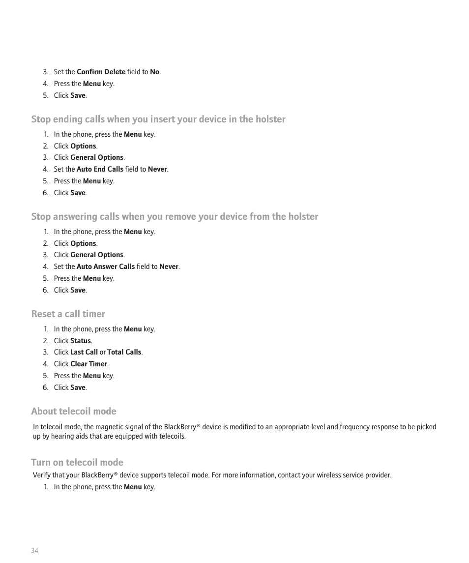 Reset a call timer, About telecoil mode, Turn on telecoil mode | Blackberry Global 8830 User Manual | Page 36 / 262