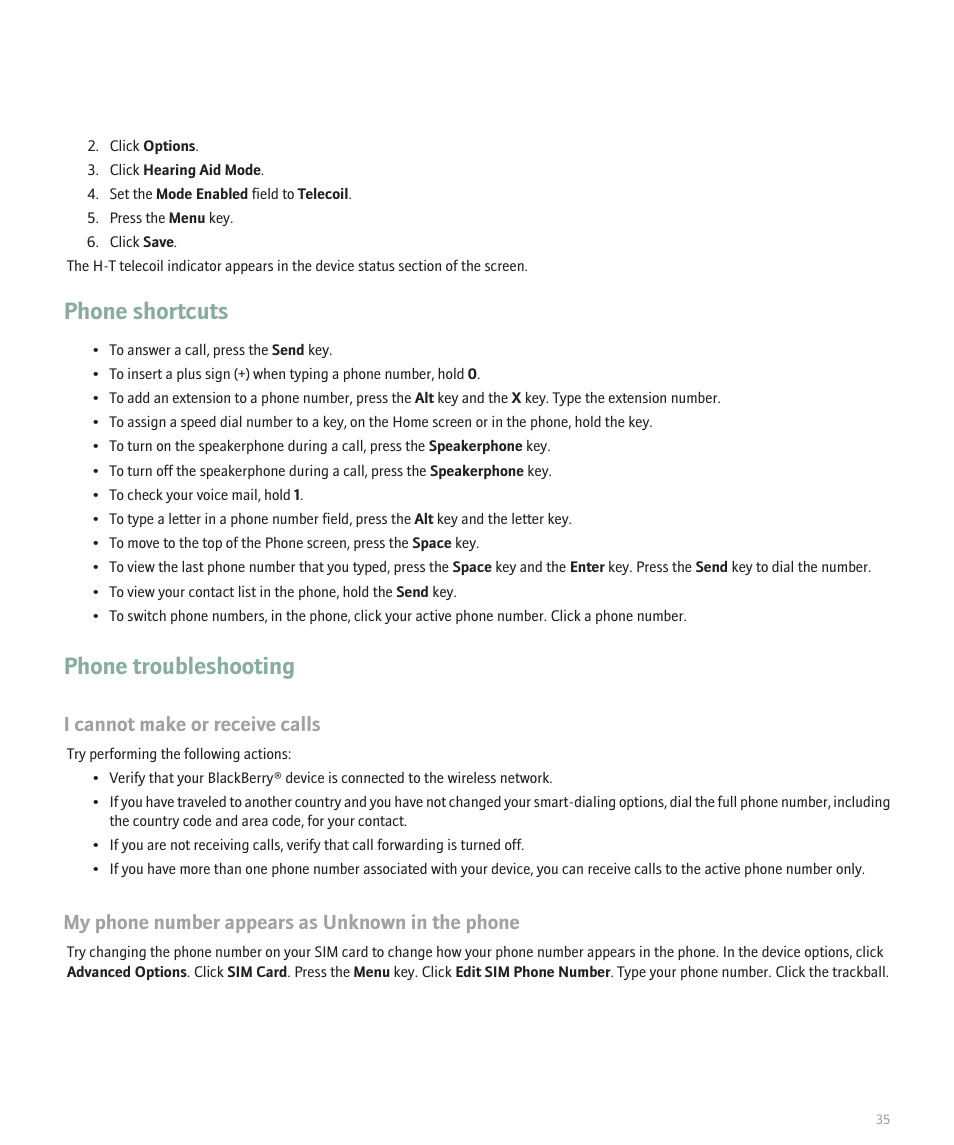 Phone shortcuts, Phone troubleshooting, I cannot make or receive calls | My phone number appears as unknown in the phone | Blackberry Global 8830 User Manual | Page 37 / 262