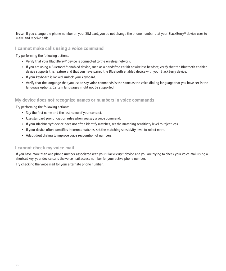 I cannot make calls using a voice command, I cannot check my voice mail | Blackberry Global 8830 User Manual | Page 38 / 262