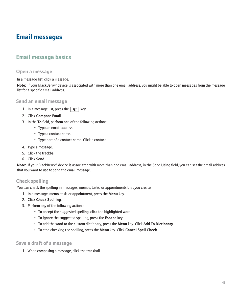 Email messages, Email message basics, Open a message | Send an email message, Check spelling, Save a draft of a message | Blackberry Global 8830 User Manual | Page 43 / 262