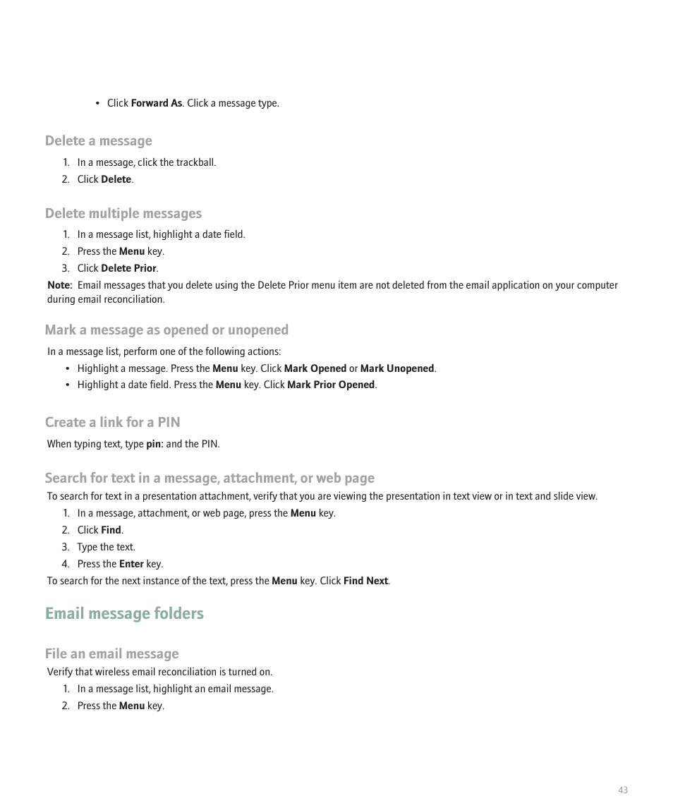 Email message folders, Delete a message, Delete multiple messages | Mark a message as opened or unopened, Create a link for a pin, File an email message | Blackberry Global 8830 User Manual | Page 45 / 262