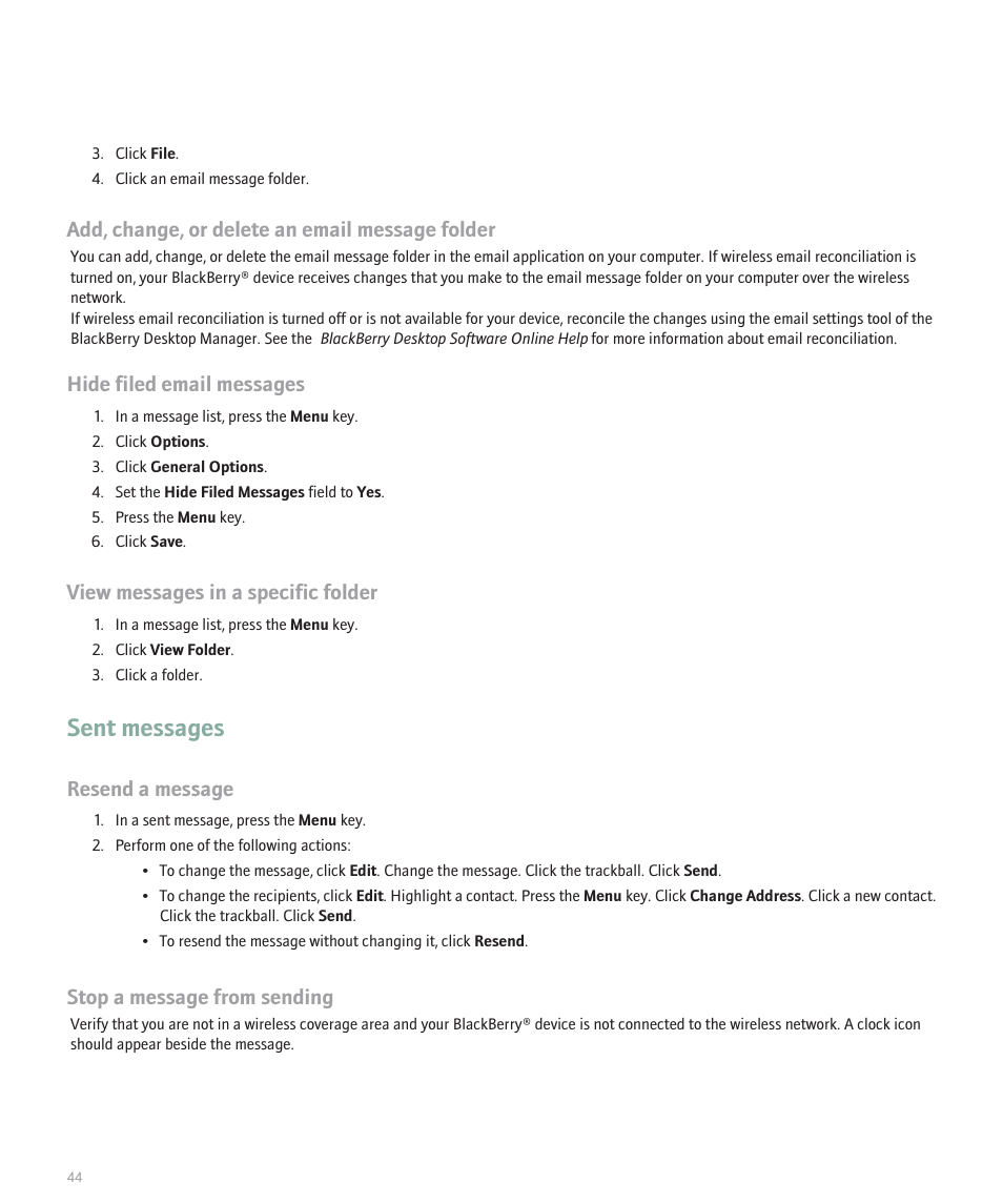 Sent messages, Add, change, or delete an email message folder, Hide filed email messages | View messages in a specific folder, Resend a message, Stop a message from sending | Blackberry Global 8830 User Manual | Page 46 / 262