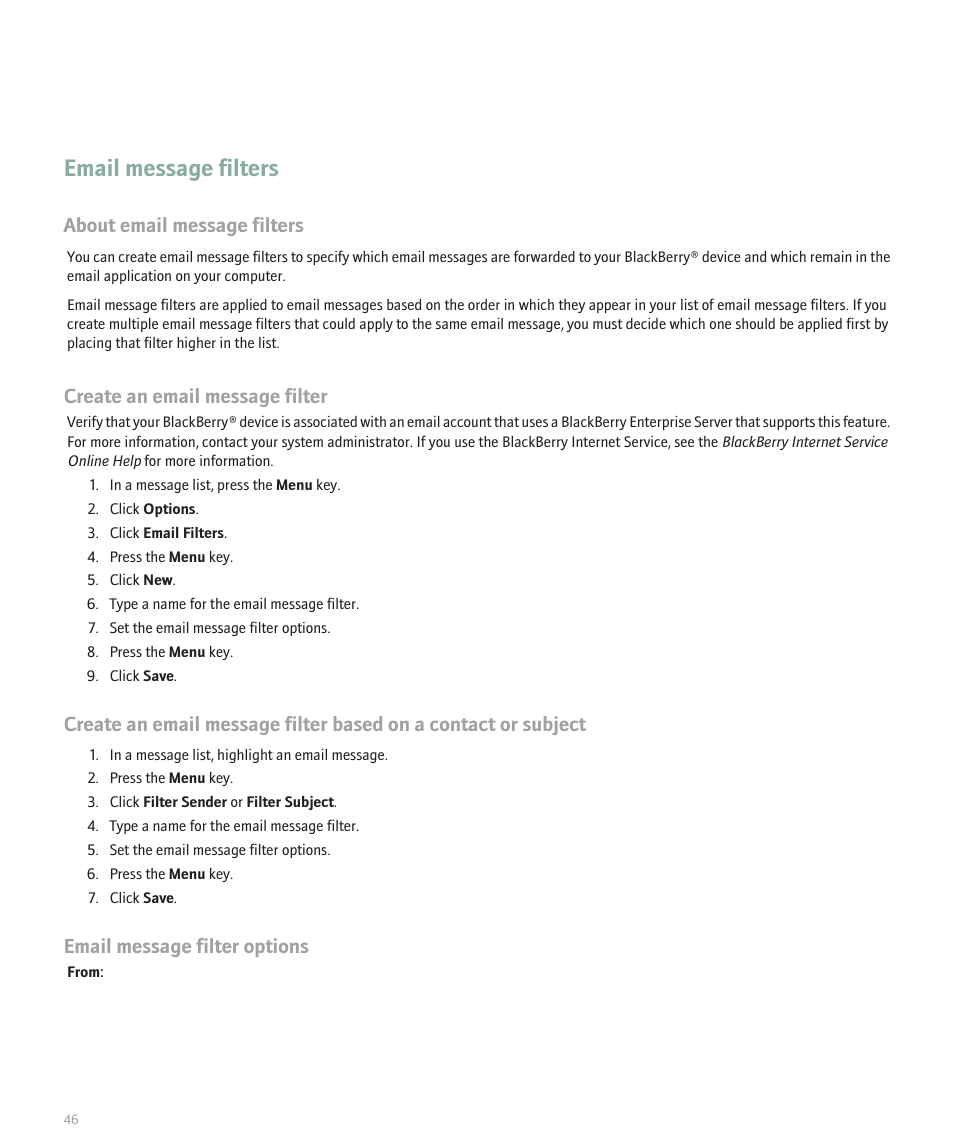 Email message filters, About email message filters, Create an email message filter | Email message filter options | Blackberry Global 8830 User Manual | Page 48 / 262