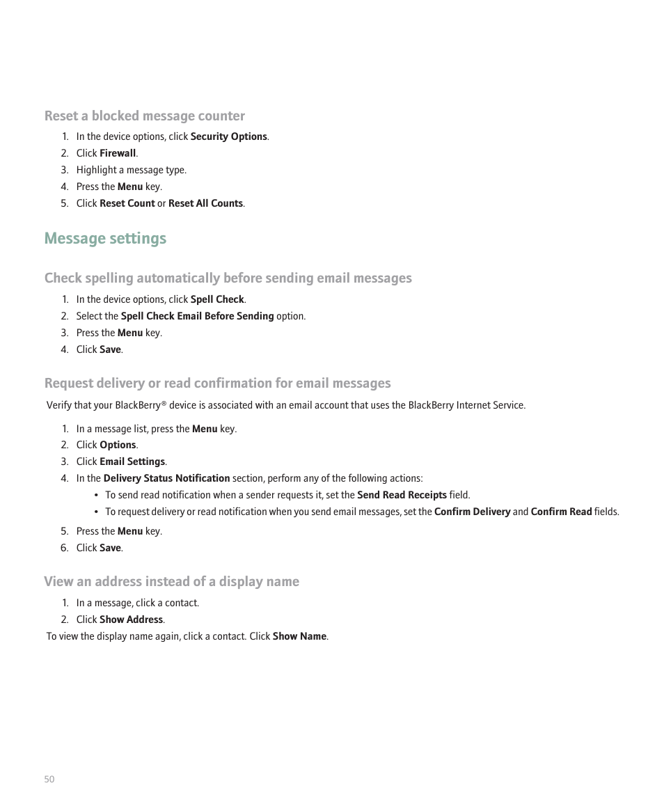 Message settings, Reset a blocked message counter, View an address instead of a display name | Blackberry Global 8830 User Manual | Page 52 / 262