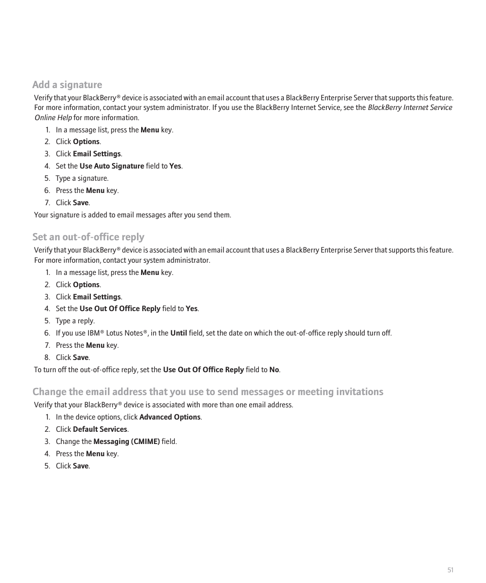 Add a signature, Set an out-of-office reply | Blackberry Global 8830 User Manual | Page 53 / 262