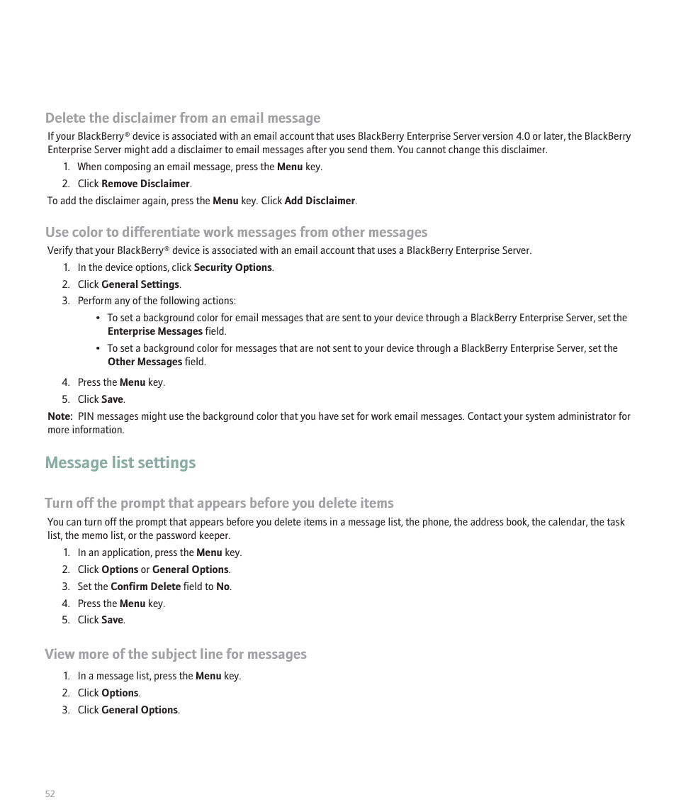 Message list settings, Delete the disclaimer from an email message, View more of the subject line for messages | Blackberry Global 8830 User Manual | Page 54 / 262
