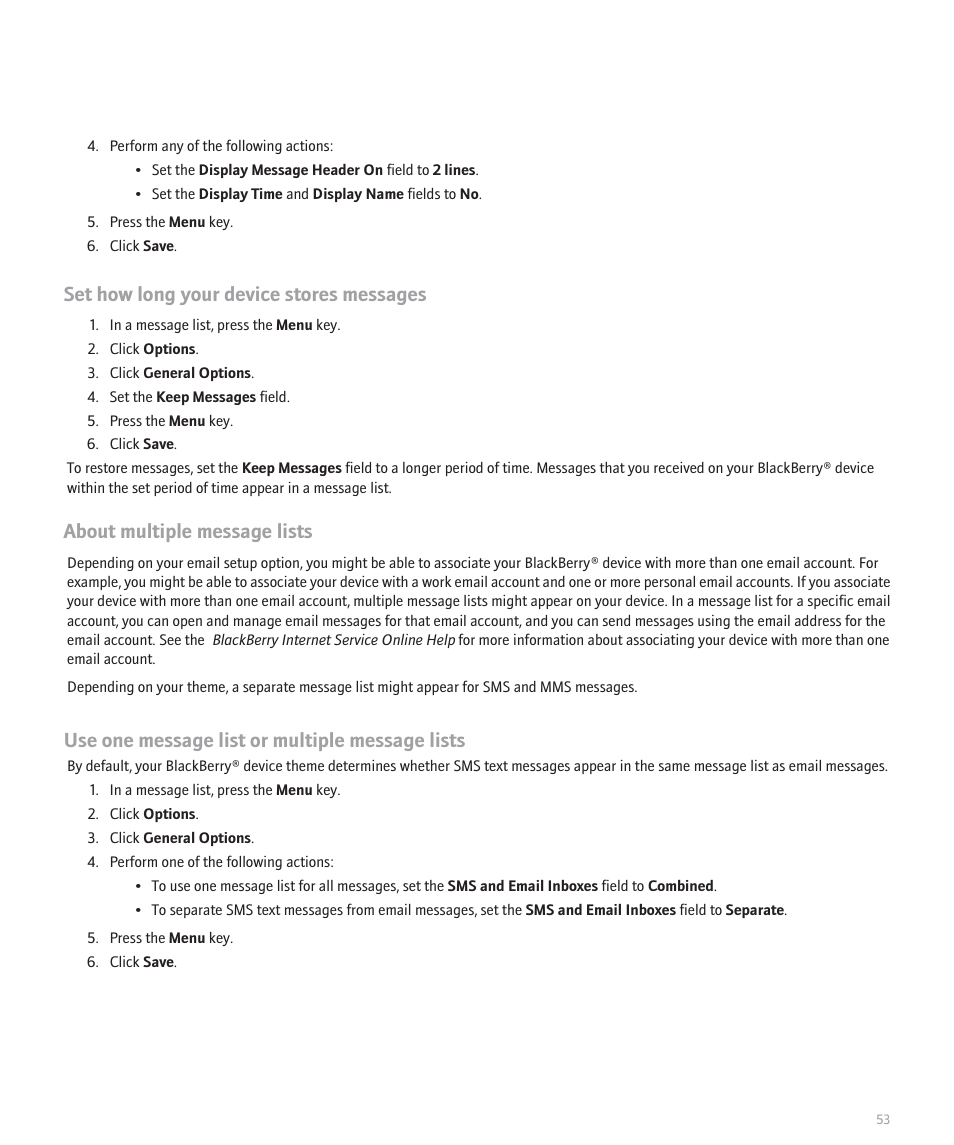 Set how long your device stores messages, About multiple message lists, Use one message list or multiple message lists | Blackberry Global 8830 User Manual | Page 55 / 262