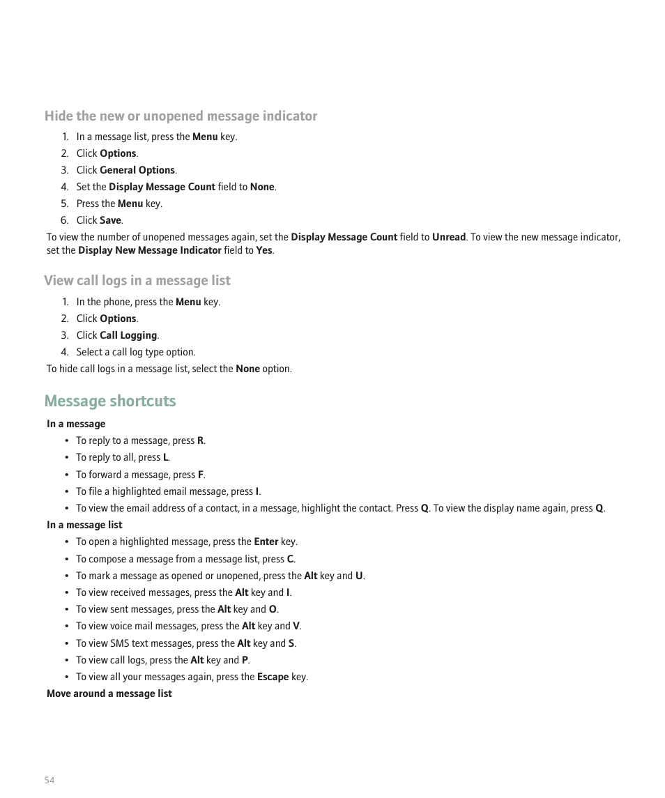 Message shortcuts, Hide the new or unopened message indicator, View call logs in a message list | Blackberry Global 8830 User Manual | Page 56 / 262