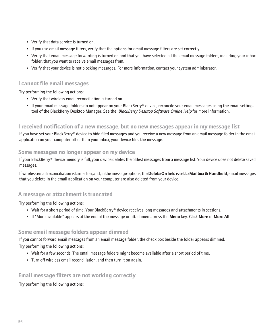 I cannot file email messages, Some messages no longer appear on my device, A message or attachment is truncated | Some email message folders appear dimmed, Email message filters are not working correctly | Blackberry Global 8830 User Manual | Page 58 / 262