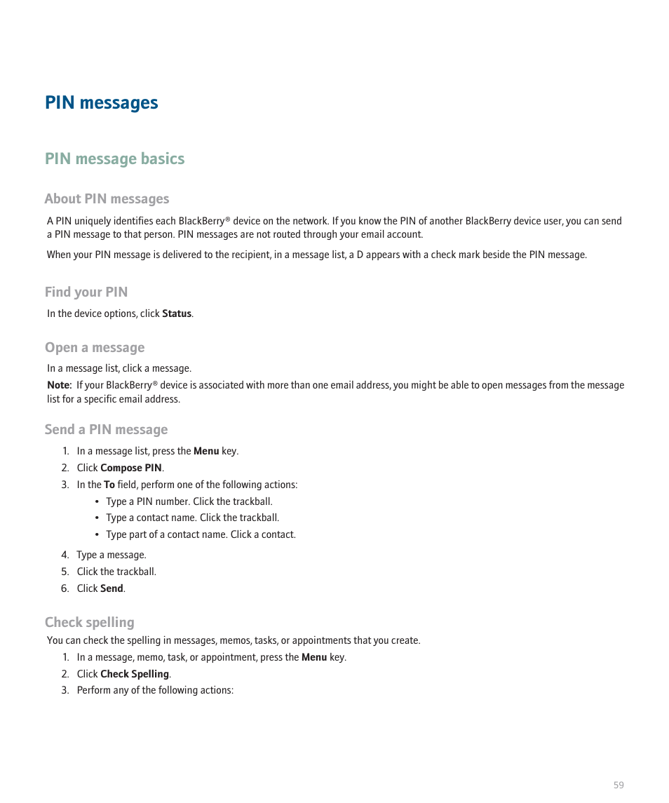 Pin messages, Pin message basics | Blackberry Global 8830 User Manual | Page 61 / 262