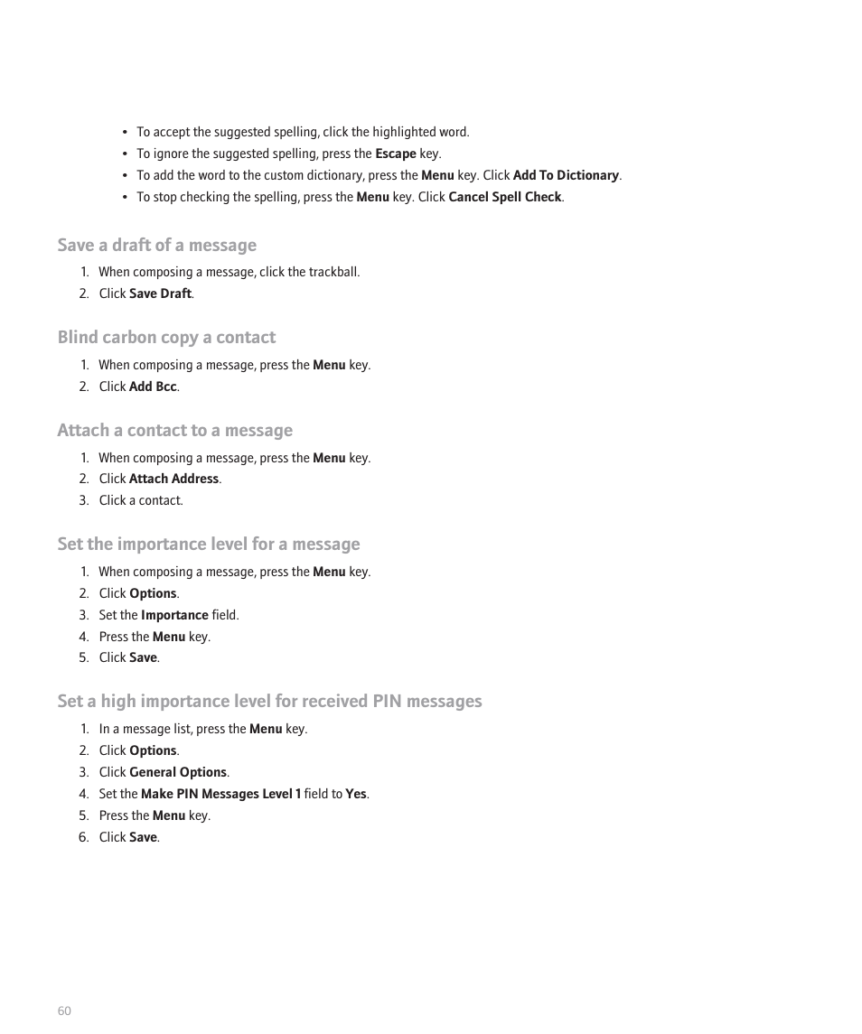 Save a draft of a message, Blind carbon copy a contact, Attach a contact to a message | Set the importance level for a message | Blackberry Global 8830 User Manual | Page 62 / 262