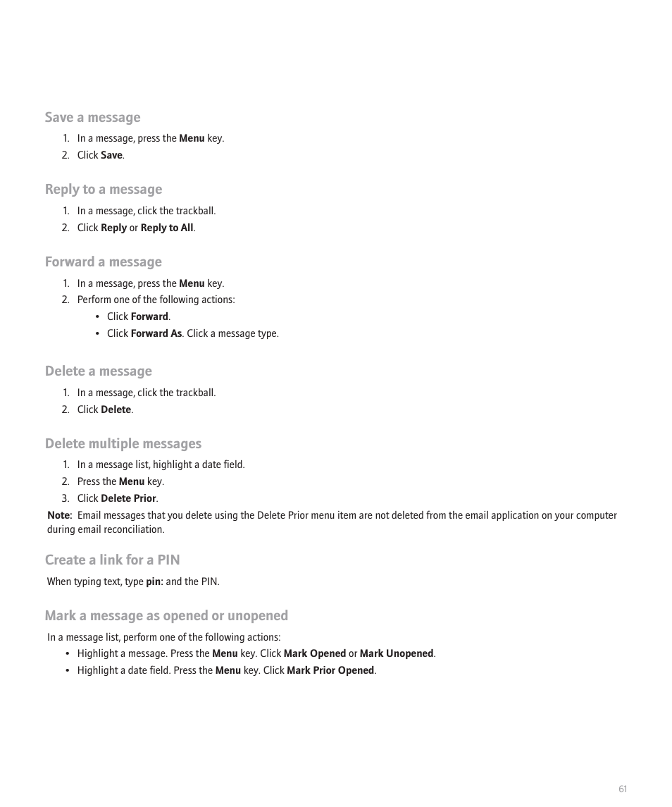 Save a message, Reply to a message, Forward a message | Delete a message, Delete multiple messages, Create a link for a pin, Mark a message as opened or unopened | Blackberry Global 8830 User Manual | Page 63 / 262