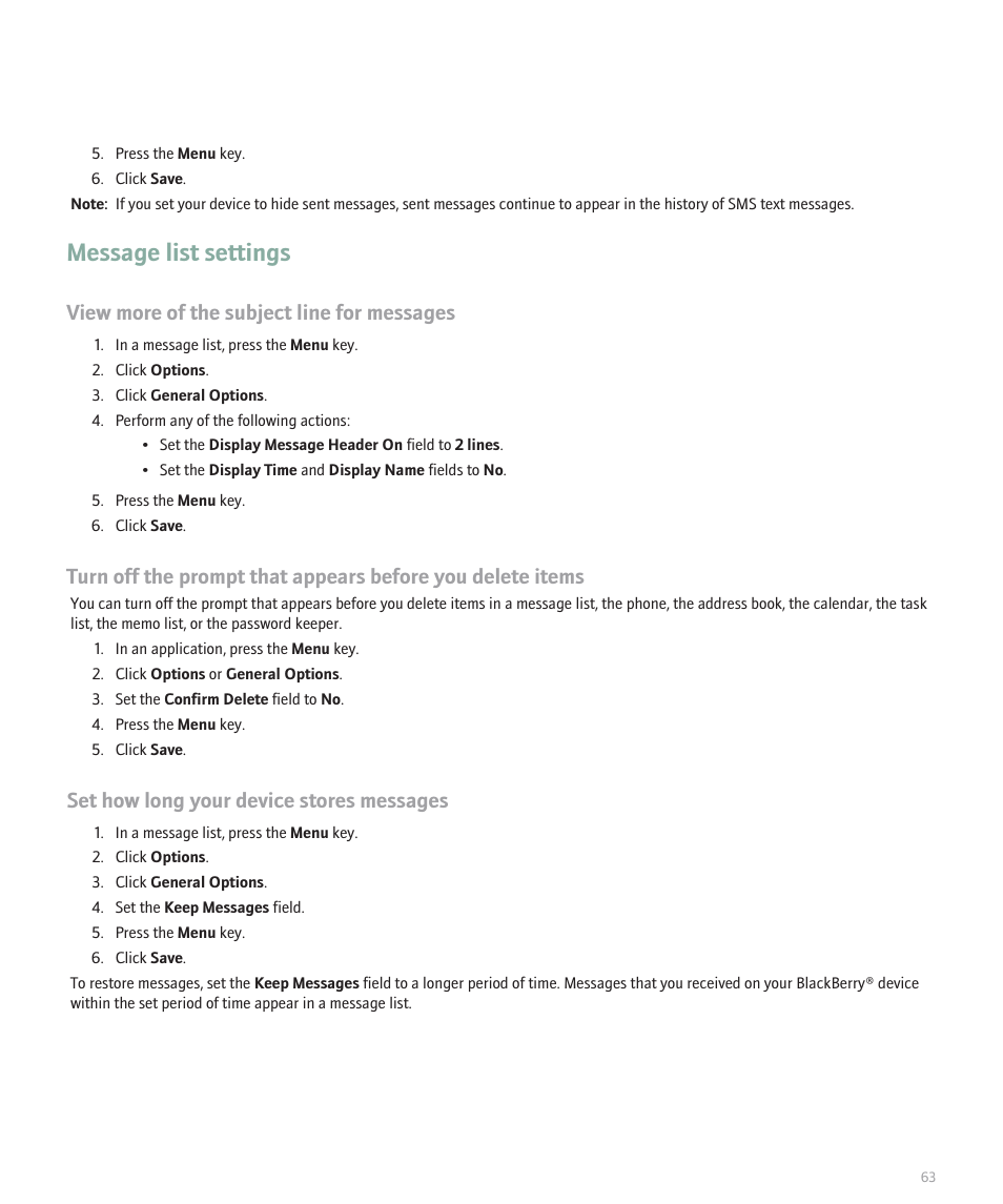 Message list settings, View more of the subject line for messages, Set how long your device stores messages | Blackberry Global 8830 User Manual | Page 65 / 262