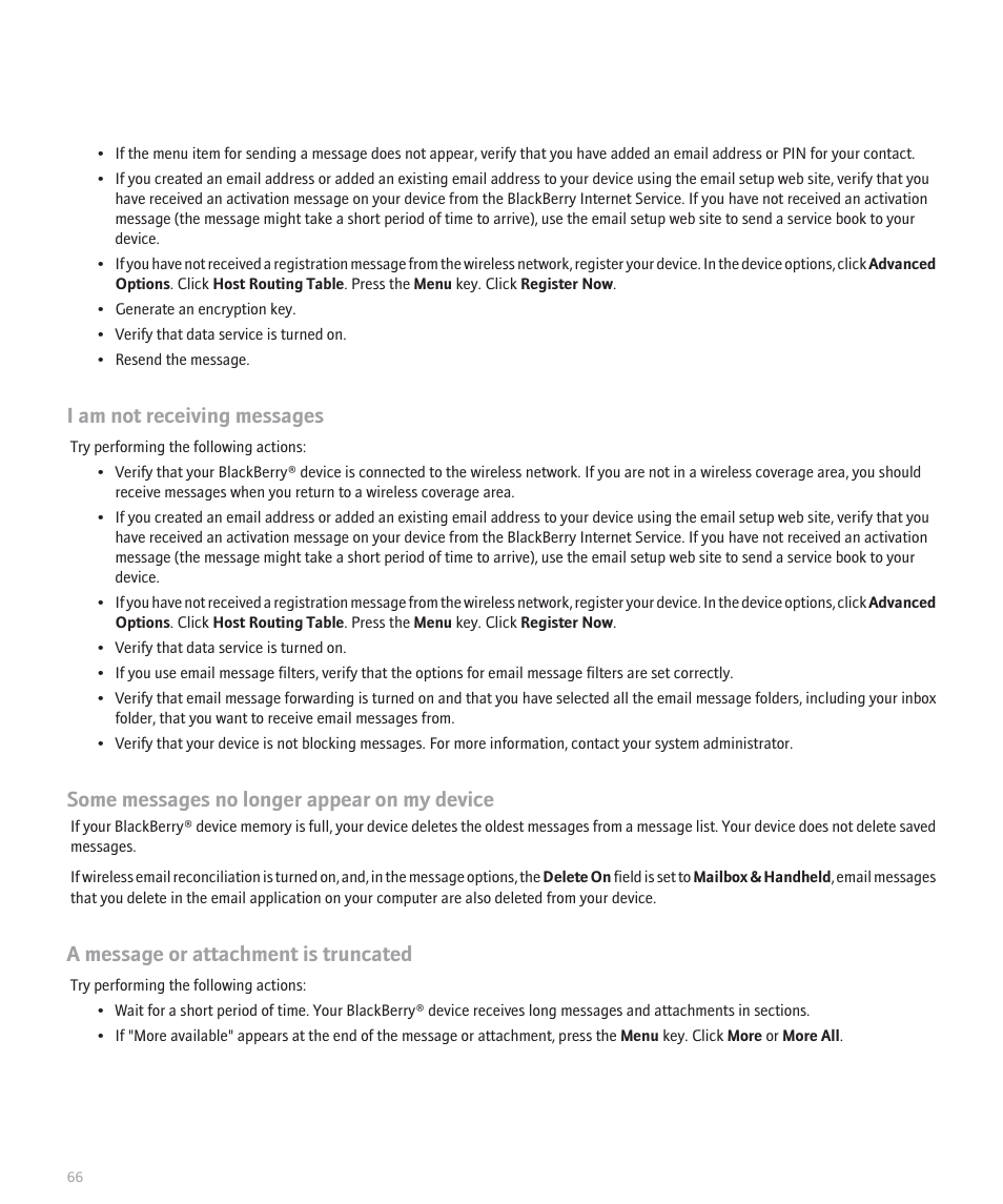 I am not receiving messages, Some messages no longer appear on my device, A message or attachment is truncated | Blackberry Global 8830 User Manual | Page 68 / 262