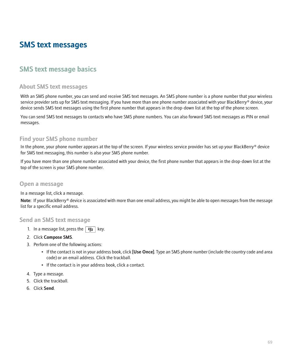 Sms text messages, Sms text message basics, About sms text messages | Find your sms phone number, Open a message, Send an sms text message | Blackberry Global 8830 User Manual | Page 71 / 262