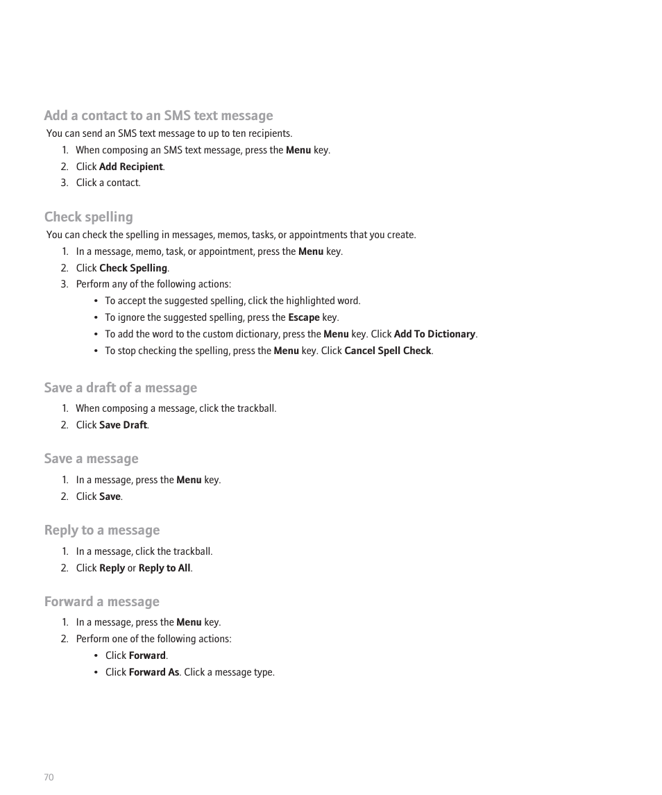 Add a contact to an sms text message, Check spelling, Save a draft of a message | Save a message, Reply to a message, Forward a message | Blackberry Global 8830 User Manual | Page 72 / 262