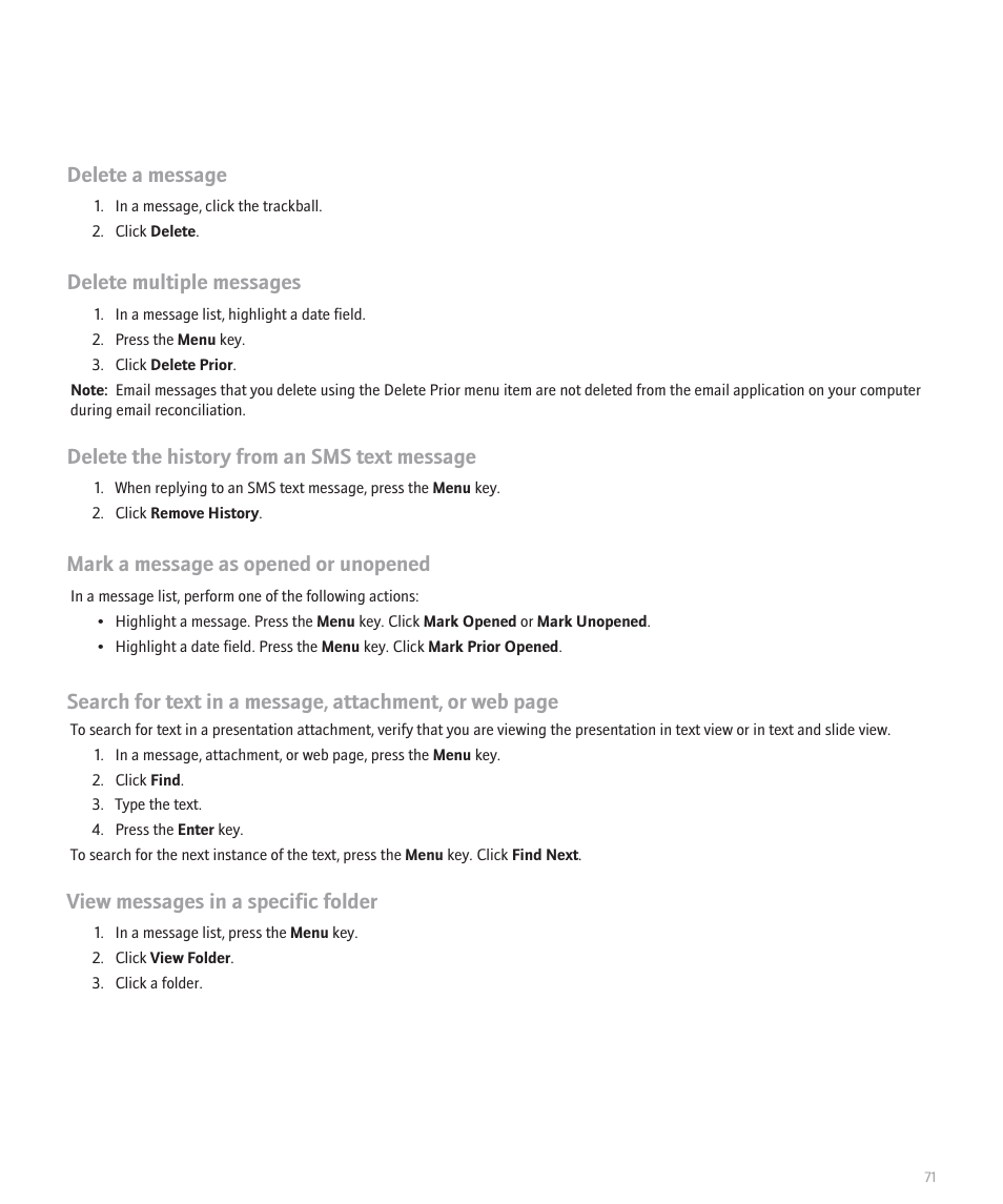 Delete a message, Delete multiple messages, Delete the history from an sms text message | Mark a message as opened or unopened, View messages in a specific folder | Blackberry Global 8830 User Manual | Page 73 / 262