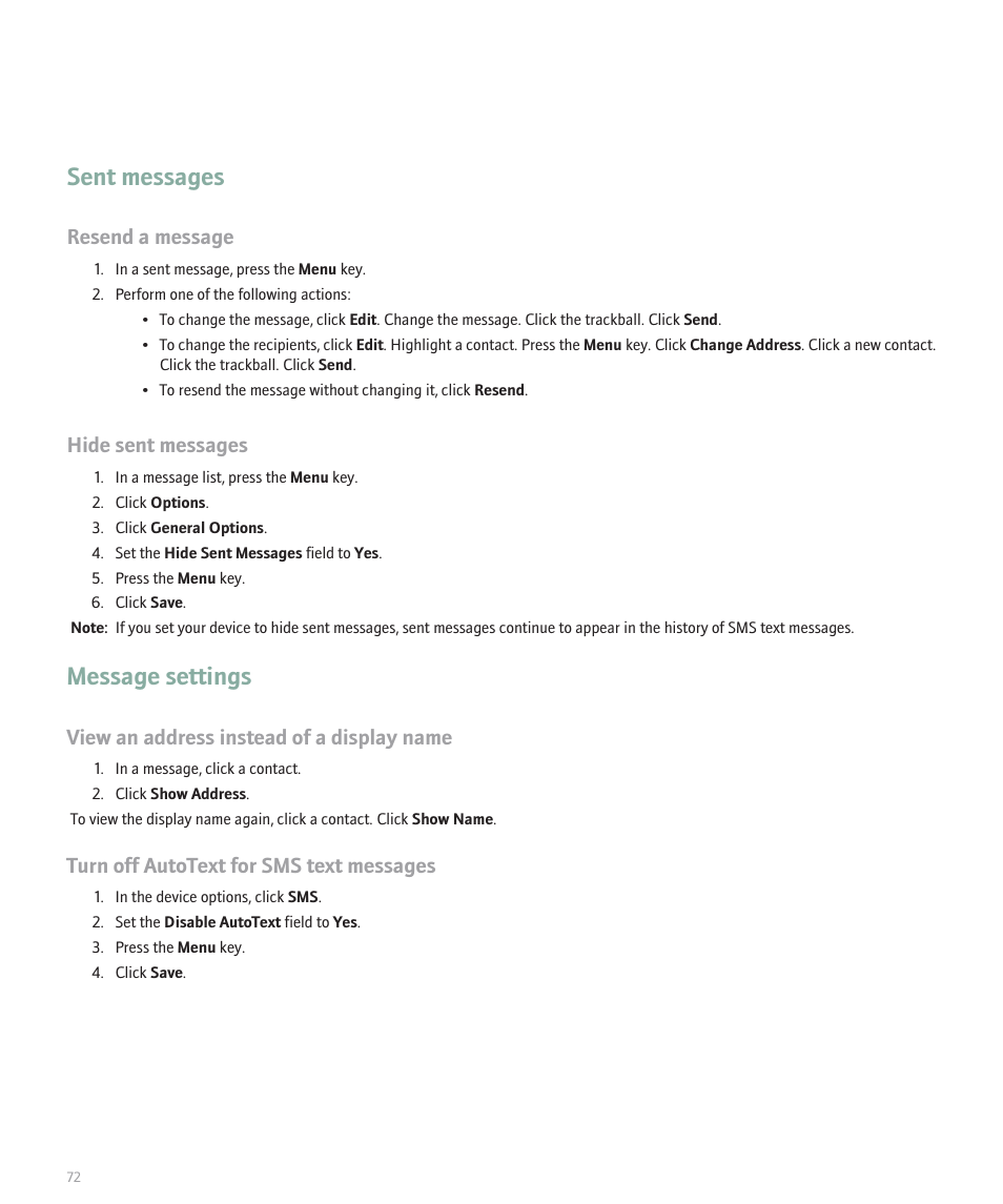 Sent messages, Message settings, Resend a message | Hide sent messages, View an address instead of a display name, Turn off autotext for sms text messages | Blackberry Global 8830 User Manual | Page 74 / 262