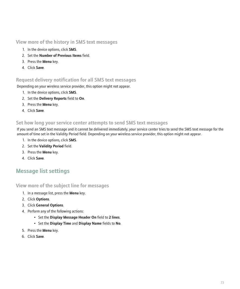 Message list settings, View more of the history in sms text messages, View more of the subject line for messages | Blackberry Global 8830 User Manual | Page 75 / 262