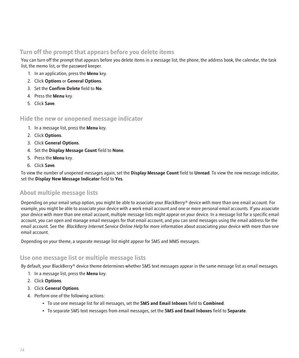 Hide the new or unopened message indicator, About multiple message lists, Use one message list or multiple message lists | Blackberry Global 8830 User Manual | Page 76 / 262