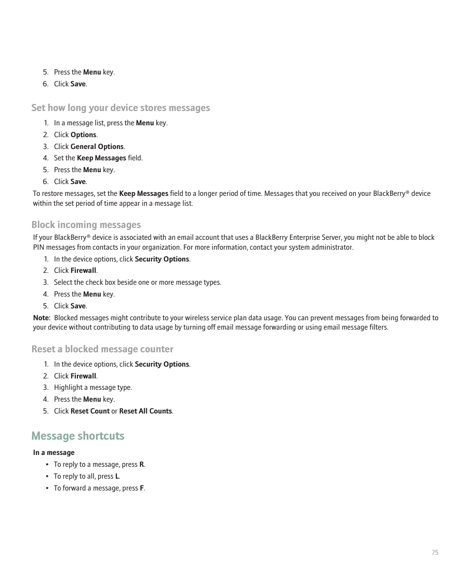 Message shortcuts, Set how long your device stores messages, Block incoming messages | Reset a blocked message counter | Blackberry Global 8830 User Manual | Page 77 / 262