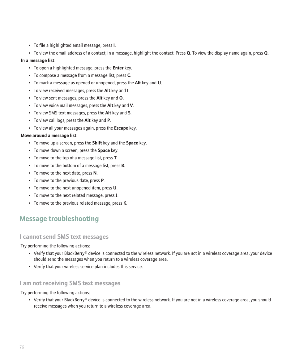 Message troubleshooting, I cannot send sms text messages, I am not receiving sms text messages | Blackberry Global 8830 User Manual | Page 78 / 262