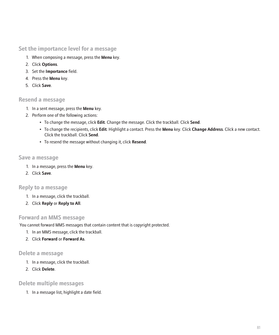 Set the importance level for a message, Resend a message, Save a message | Reply to a message, Forward an mms message, Delete a message, Delete multiple messages | Blackberry Global 8830 User Manual | Page 83 / 262