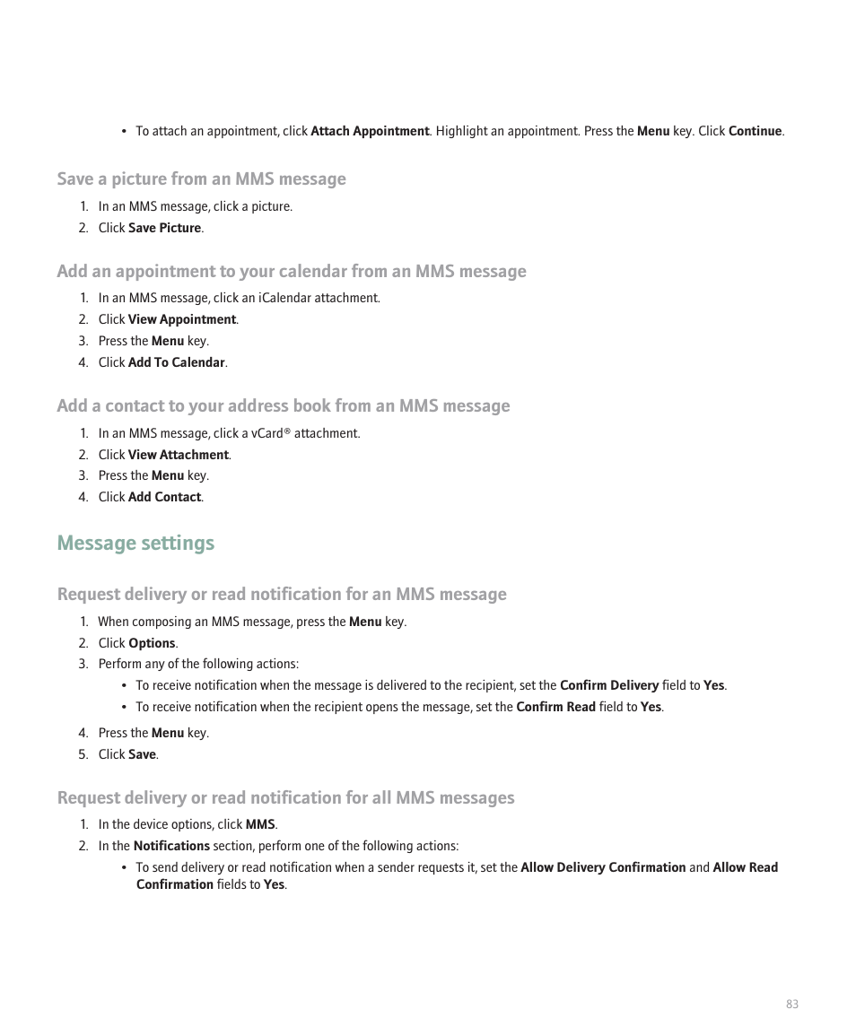 Message settings, Save a picture from an mms message | Blackberry Global 8830 User Manual | Page 85 / 262