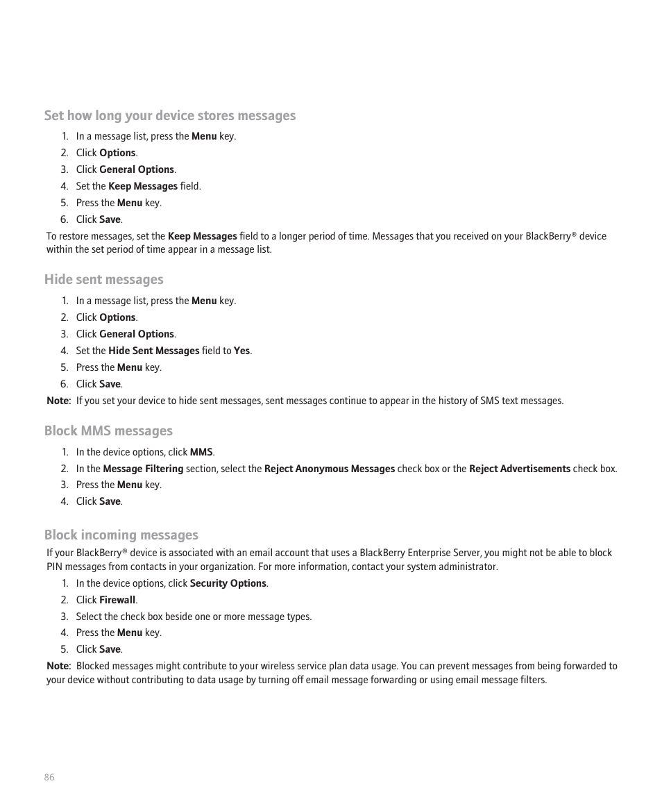 Set how long your device stores messages, Hide sent messages, Block mms messages | Block incoming messages | Blackberry Global 8830 User Manual | Page 88 / 262